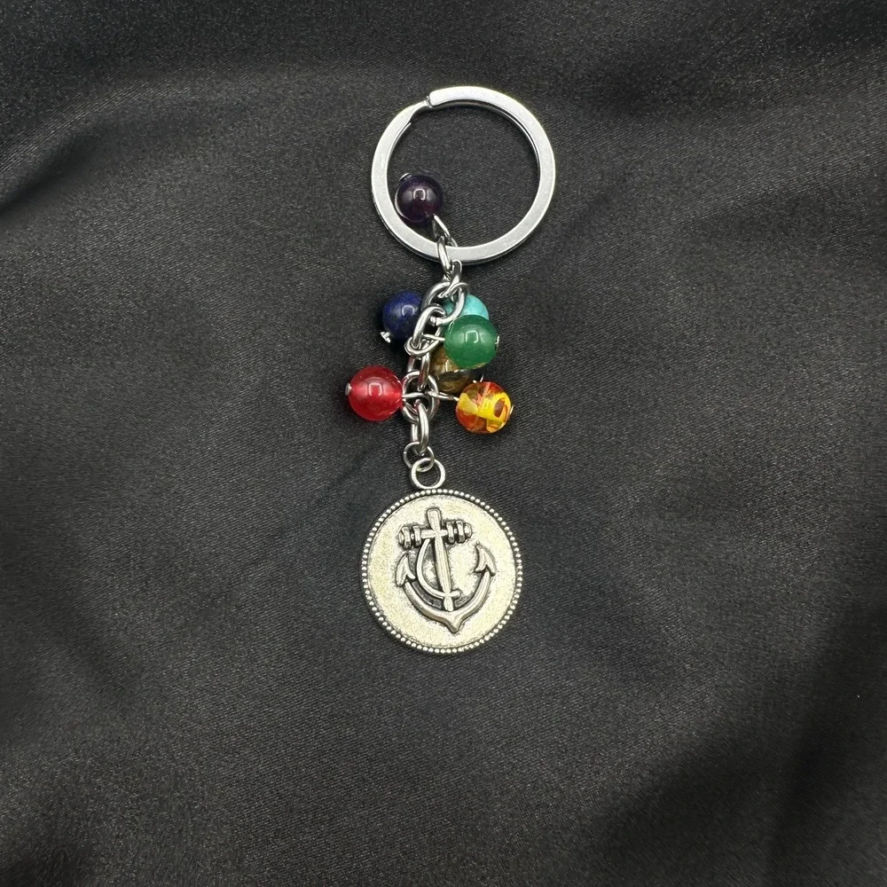 Vintage 80s 7 Chakra Healing Stone Keychain Yoga Reiki Anchor Charm Gift Jewelry